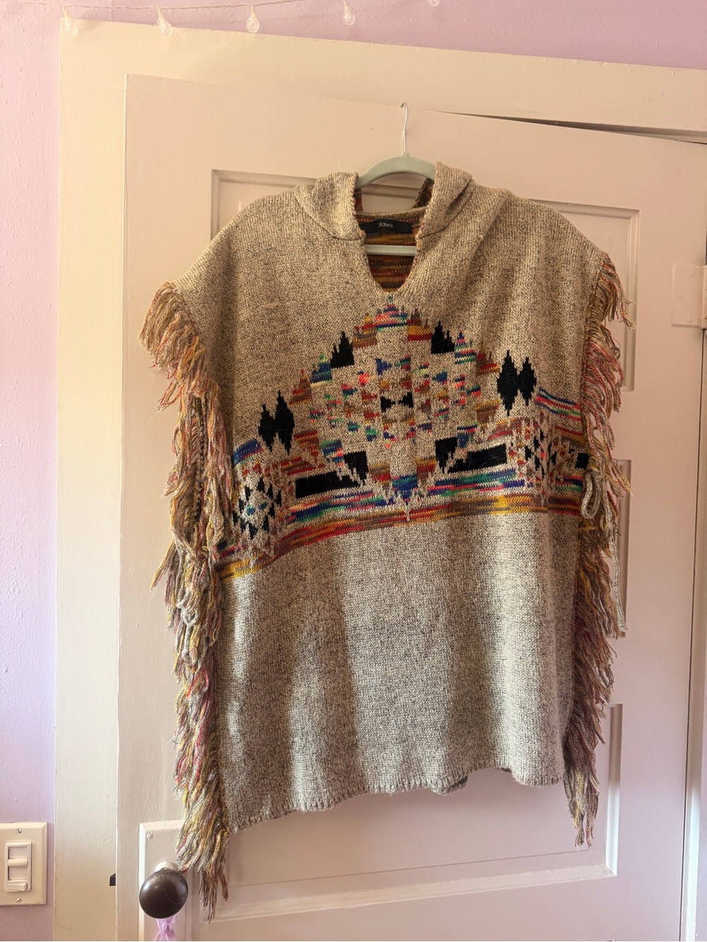 Fringed Knit Poncho with Southwestern Pattern, neutral with slight pops of color